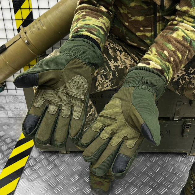 Плотные зимние перчатки на флисе с защитными накладками и антискользящим покрытием олива размер универсальный - изображение 2