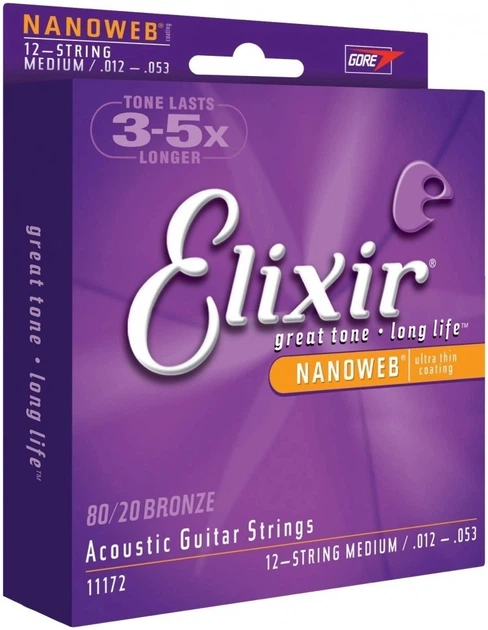Струны акустической гитары Elixir 11172 Nanoweb 80/20 Bronze 12 Strings Medium 12/53 (AC NW 12SM) - Фото 2 Струны акустической гитары Elixir 11172 Nanoweb 80/20 Bronze 12 Strings Medium 12/53 (AC NW 12SM) - изображение 2