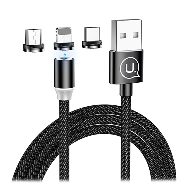 Kabel magnetyczny Usams U-Sure 3w1 USB - USB Type-C + Micro-USB + Lightning 1 m czarny (6958444989938) - obraz 1