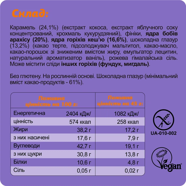Шоколадный батончик без глютена FIZI "Peanut + caramel" 45 г х 10 шт. Веган (4820262540047) - Фото 7 Шоколадный батончик без глютена FIZI "Peanut + caramel" 45 г х 10 шт. Веган (4820262540047) - изображение 7