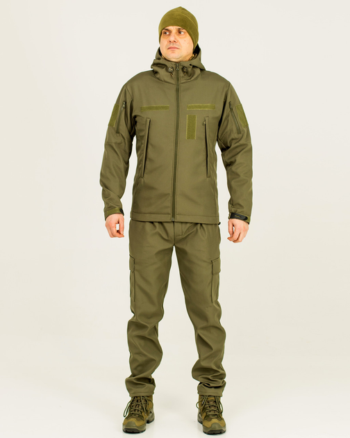 Костюм камуфляжний утеплений на флісі, куртка з капюшоном, тканина софтшелл, колір олива, 46 - зображення 1