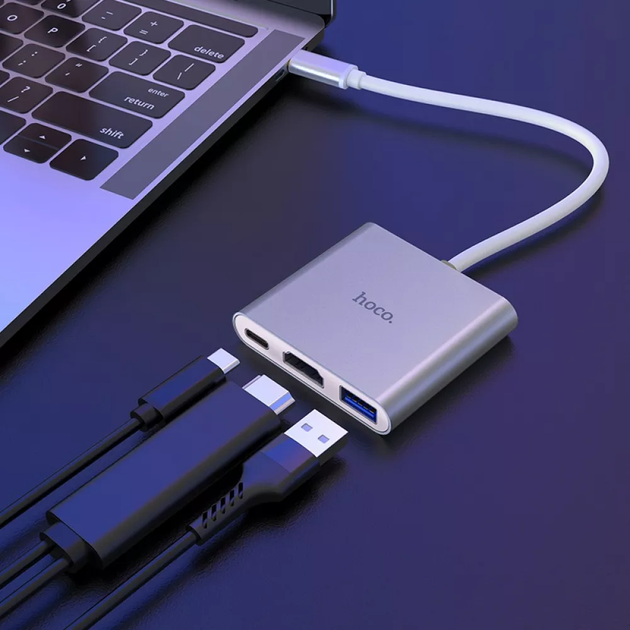 USB-хаб Hoco HB14 Easy Use Type-C to USB3.0/HDMI/PD 67Вт silver - Фото 6 USB-хаб Hoco HB14 Easy Use Type-C to USB3.0/HDMI/PD 67Вт silver - изображение 6