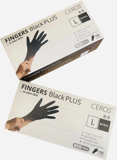 Нітрилові рукавички CEROS Fingers BLACK PLUS 5.5 грам 100 штук розмір L - зображення 2
