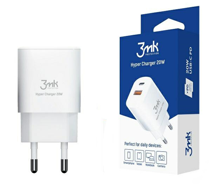 Мережевий зарядний пристрій 3MK Hyper GaN Charger 20 W 1 x USB Type-C + 1 x USB-A PD/QC (5903108447003) - зображення 1