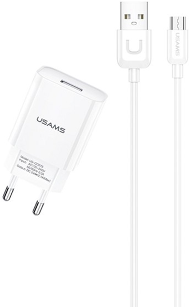 Мережевий зарядний пристрій Usams T21 USB 2.1 A Fast Charging White + кабель USB - microUSB 1 м White (6958444969923) - зображення 1