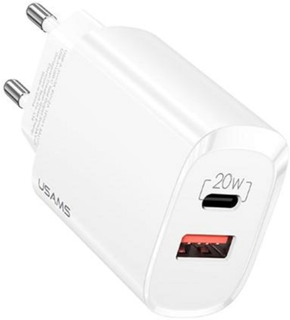 Мережевий зарядний пристрій Usams US-CC121 T35 USB-C+USB 20W PD 3.0 QC3.0 Fast Charging White (6958444929323) - зображення 1