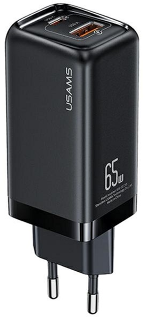 Мережевий зарядний пристрій Usams US-CC153 T47 USB-C+USB 65W PD Fast Charging Super Si Black (6958444976877) - зображення 1