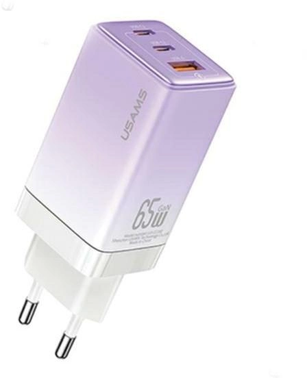 Мережевий зарядний пристрій Usams US-CC180 Sandru 2xUSB-C+USB 65W GaN PD 3.0 QC3.0 Fast Charging Fiolet-White (6958444905181) - зображення 1