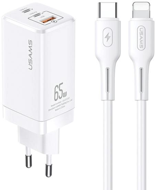 Ładowarka sieciowa Usams T33 2xUSB-C+USB 65W GaN PD Fast Charging biała + kabel USB-C - Lightning 30W biały (6958444927381) - obraz 1