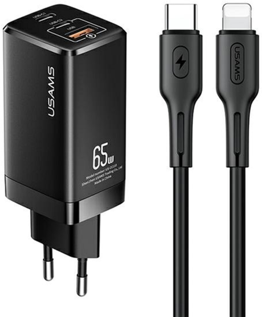 Мережевий зарядний пристрій Usams T33 2xUSB-C+USB 65W GaN PD Fast Charging Black + кабель USB-C - Lightning 30W Black (6958444927374) - зображення 1