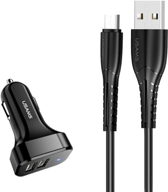 Автомобільний зарядний пристрій Usams C13 2.1A + кабель USB/microUSB Black (6958444985978) - зображення 1
