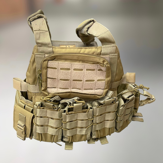 Плитоноска с подсумками Attack Tactical, цвет – Койот, система MOLLE с подсумками, plate carrier molle placard - изображение 1