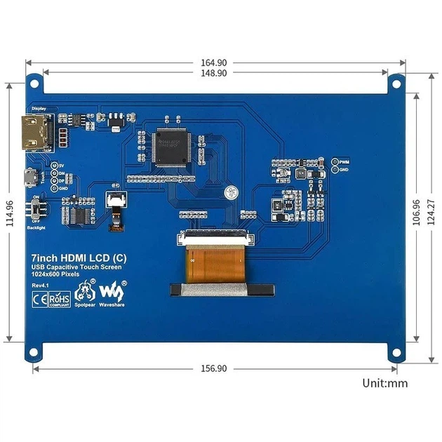 Екран Waveshare 7" 1024x600 LCD IPS Resistiv TS HDMI для PI 3/PI 4/Zero (RA418) - изображение 5