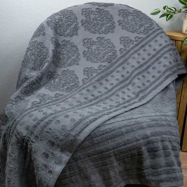 Простынь-покрывало жаккардовое махровое 100% Хлопок GM TEXTILE 190x200см 400г/м2 (Серый) - Фото 2 Простынь-покрывало жаккардовое махровое 100% Хлопок GM TEXTILE 190x200см 400г/м2 (Серый) - изображение 2