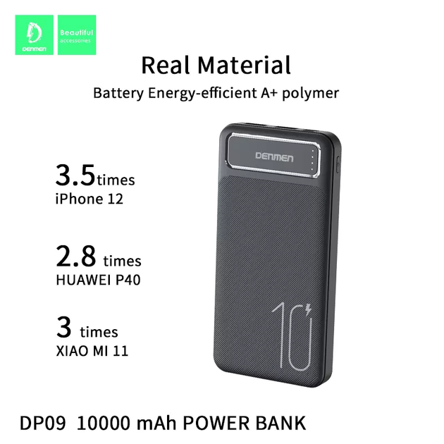 Павербанк із індикатором DENMEN DP09 10000mAh |2A/2USB| Чорний - зображення 2