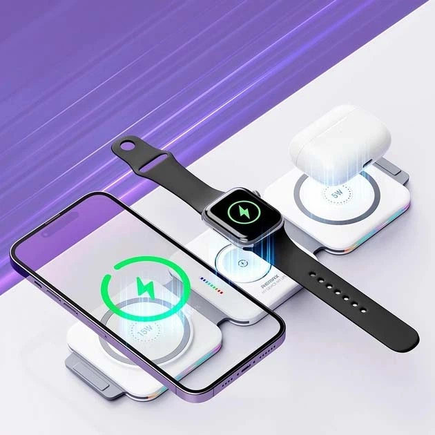 Зарядне бездротове пристрій Remax RP-W72 3in1 для смартфонів, навушників, смарт-годинників Android, Apple 15W Білий - зображення 3