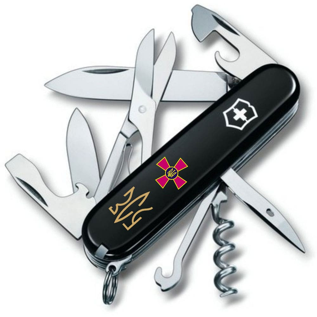 Швейцарский нож Victorinox CLIMBER ARMY 91мм/14 функций, черные накладки, Эмблема ЗСУ + Трезубец ЗСУ брон. - изображение 1