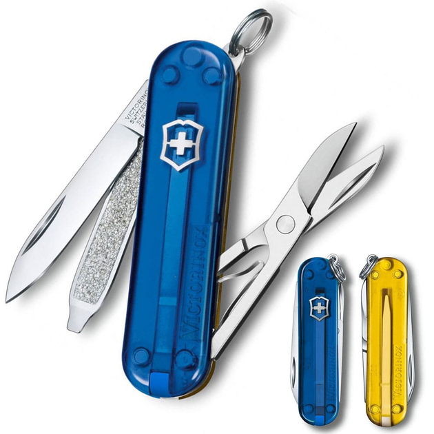 Швейцарський ніж Victorinox CLASSIC SD UKRAINE 58мм/7 функцій, синьо-жовті напівпрозорі накладки - зображення 2