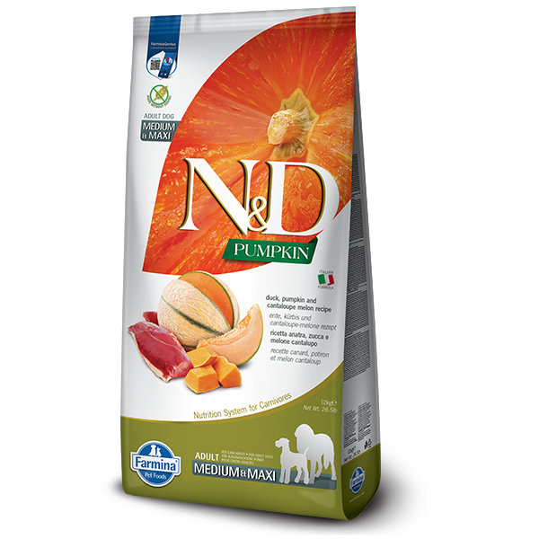 Беззерновой корм Farmina Pumpkin Duck & Cantaloupe Adult для собак средних и крупных пород с уткой и дыней, (38968) 12 кг - Фото 1 Беззерновой корм Farmina Pumpkin Duck & Cantaloupe Adult для собак средних и крупных пород с уткой и дыней, (38968) 12 кг - изображение 1
