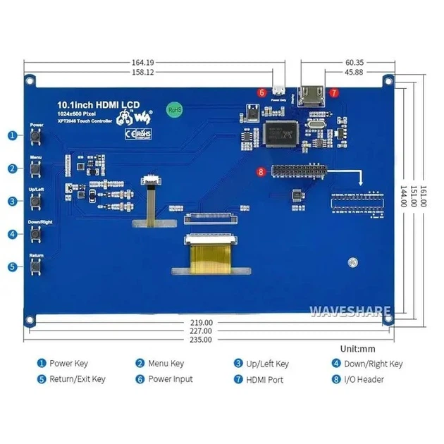 Екран Waveshare 10.1" 1024x600 LCD IPS Resistive TS HDMI для Raspberry Pi (WAV-11870) - изображение 3