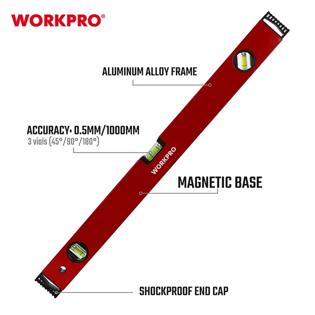 Уровень алюминиевый с магнитной базой WORKPRO 600 мм, 0.5 мм PRO WP262011 - изображение 2