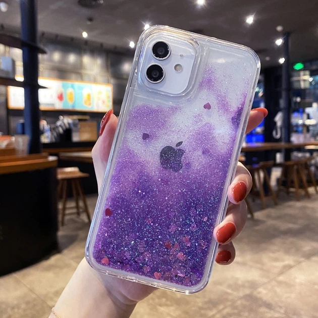 Чехол Glitter для Iphone 12 бампер жидкий блеск аквариум фиолетовый - Фото 1 Чехол Glitter для Iphone 12 бампер жидкий блеск аквариум фиолетовый - изображение 1