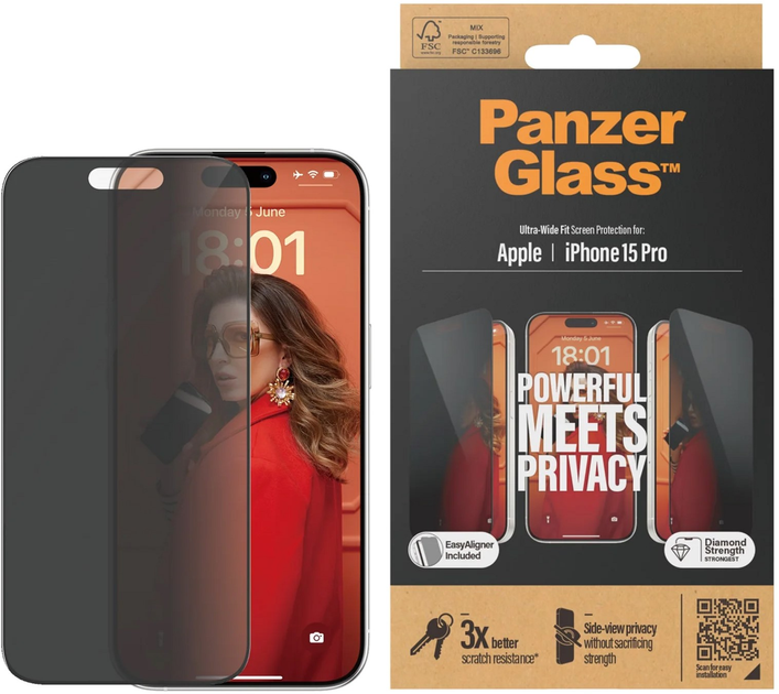 Захисне скло Panzer Glass Ultra-Wide Fit Privacy для Apple iPhone 15 Pro Black (5711724128103) - зображення 1