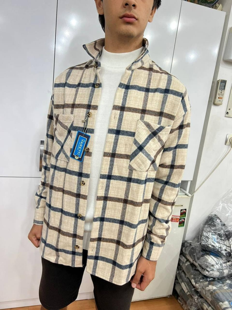 Рубашка мужская в клетку оверсайз стильная 2XL бежевая от продавца ...