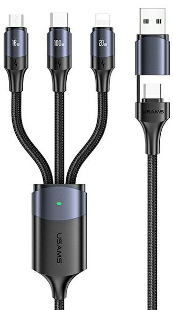 Kabel Usams U71 3w1 1.2m 6 A Fast Charge USB/USB Typ-C na Lightning/micro-USB/USB Typ-C Czarny (6958444971780) - obraz 1