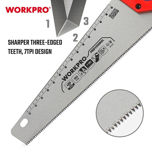 Ножовка по дереву WORKPRO 400 мм 7TPI SK5 PRO WP215005 - изображение 3