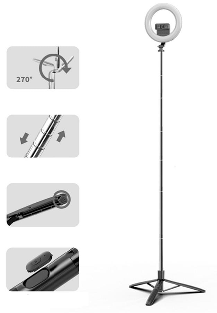 Lampa pierścieniowa LED Usams US-ZB241 ze statywem i uchwytem Czarna (6958444976198) - obraz 2