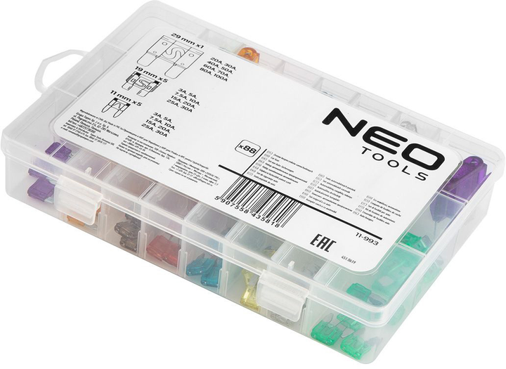 Набор автомобильных предохранителей NEO Tools 11/19/29 мм 3-100 А 88 шт (11-993) - изображение 2