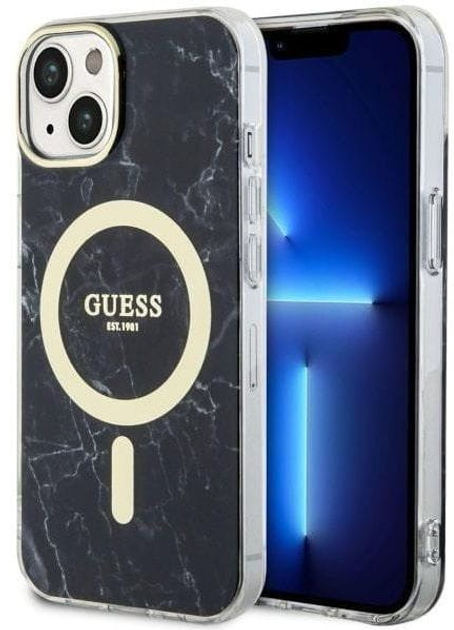 Etui plecki Guess Marble MagSafe do Apple iPhone 14 Black (3666339127244) - obraz 1