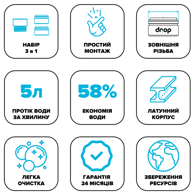 Набір для економії води DROP PM2+1G (насадка для душу + 2 аератори) - Економія 58% - зображення 10