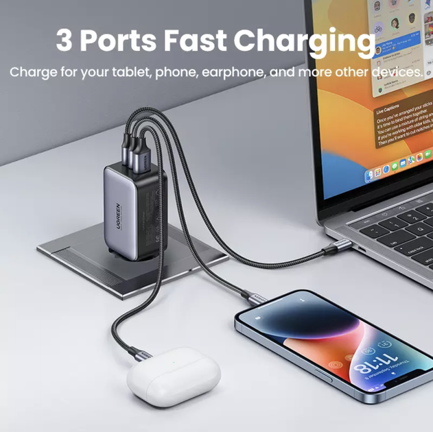 Задрядное устройство Ugreen GaN 65W Quick Charge 4.0 3.0 Type C на 3 порта (CD244) - изображение 5