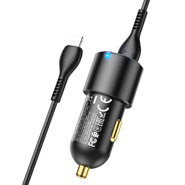 Зарядний автомобільний Hoco NZ6 PD45W+QC3.0 (2Type-C/1USB/3A) + кабель Type-C - Lightning Чорний - изображение 4
