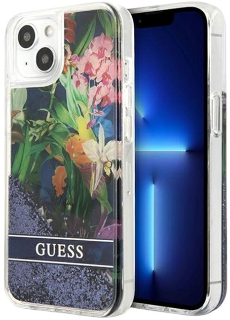 Etui plecki Guess Flower Liquid Glitter do Apple iPhone 13 Blue (3666339041243) - obraz 1