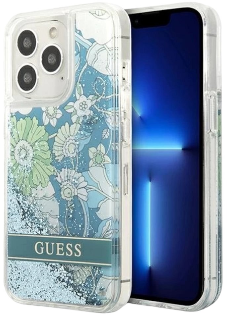 Панель Guess Flower Liquid Glitter для Apple iPhone 13 Pro Max Green (3666339041380) - зображення 1