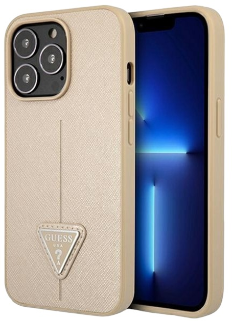 Etui plecki Guess Saffiano Triangle Logo do Apple iPhone 14 Pro Beige (3666339065423) - obraz 1