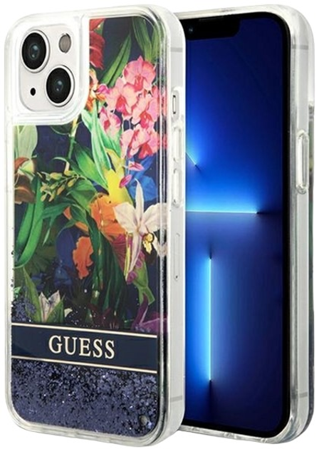 Панель Guess Flower Liquid Glitter для Apple iPhone 14 Plus Blue (3666339066093) - зображення 1
