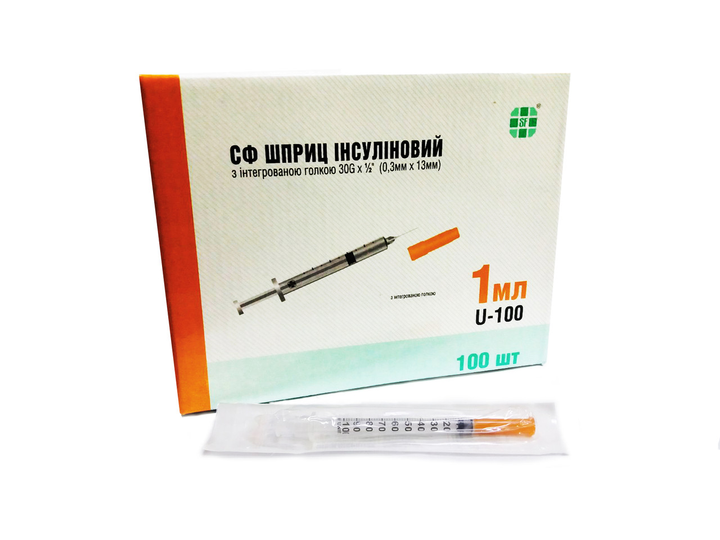 SF Medical 1 мл U100 (упаковка 100 шт) Инсулиновый шприц с интегрированной иглой 30Gх1/2 (0.3*13 мм) - изображение 2