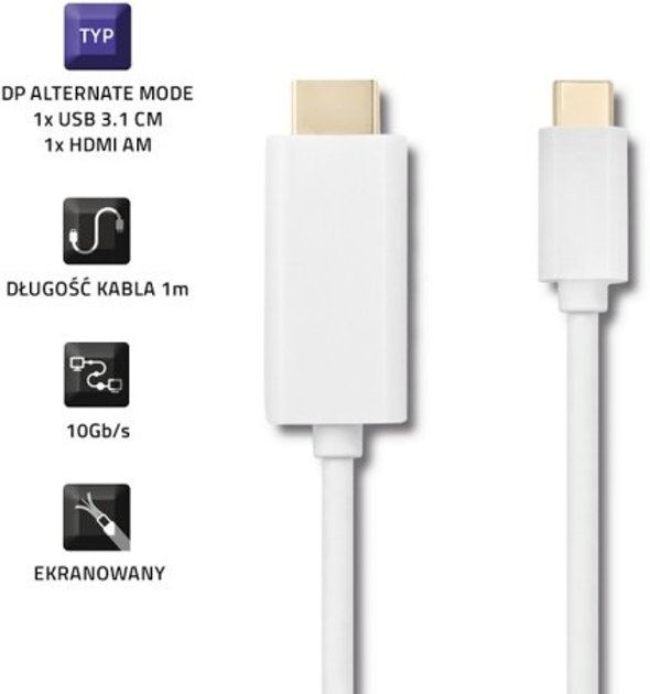 Кабель Qoltec USB Typ-C - HDMI A 4K Alternate mode 1 m білий (5901878504148) - зображення 2