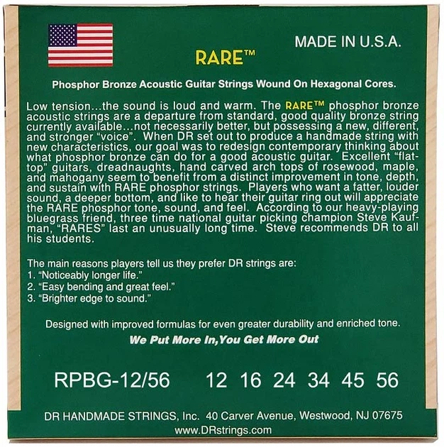 Струни для акустичної гітари DR STRINGS RARE ACOUSTIC PHOSPHOR BRONZE - BLUEGRASS (12-56) - зображення 3