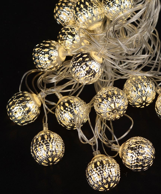 Светодиодная гирлянда "Металлические шарики" 20 LED, 5м + переходник, 220V, IP44, Теплый белый - Фото 6 Светодиодная гирлянда "Металлические шарики" 20 LED, 5м + переходник, 220V, IP44, Теплый белый - изображение 6