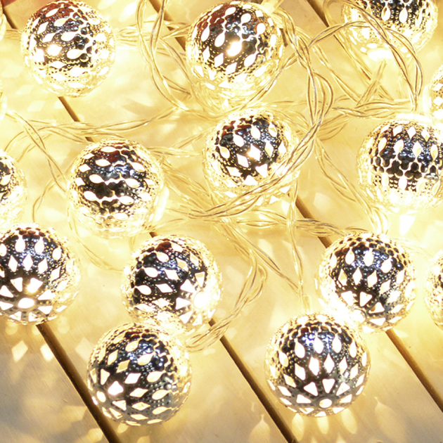 Светодиодная гирлянда "Металлические шарики" 20 LED, 5м + переходник, 220V, IP44, Теплый белый - Фото 8 Светодиодная гирлянда "Металлические шарики" 20 LED, 5м + переходник, 220V, IP44, Теплый белый - изображение 8