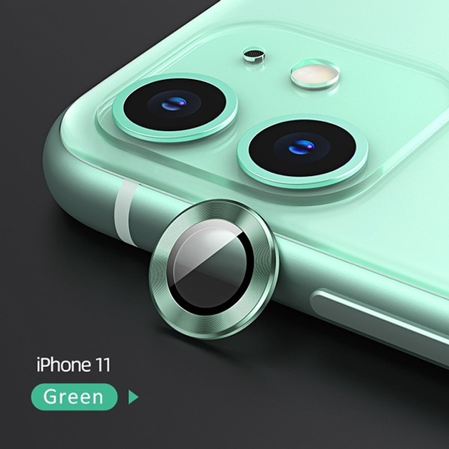 Комплект захисних стекол USAMS Camera Lens Glass для камери iPhone 11 metal ring зелений (6958444987538) - зображення 1
