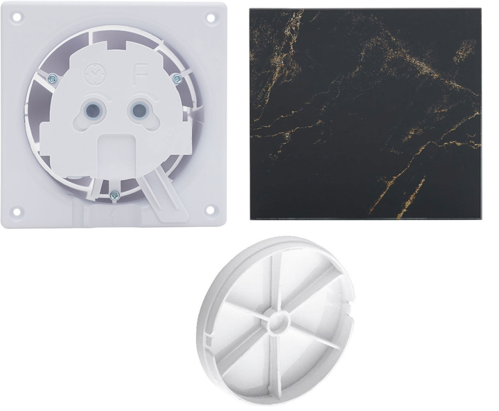 Комплект Витяжний вентилятор AirRoxy dRim 100 S BB + Панель скляна AIRROXY 01-186 MARBLE BLACK GOLD Glass чорна глянець + Зворотний клапан AIRROXY 100 мм 07-200 - зображення 1