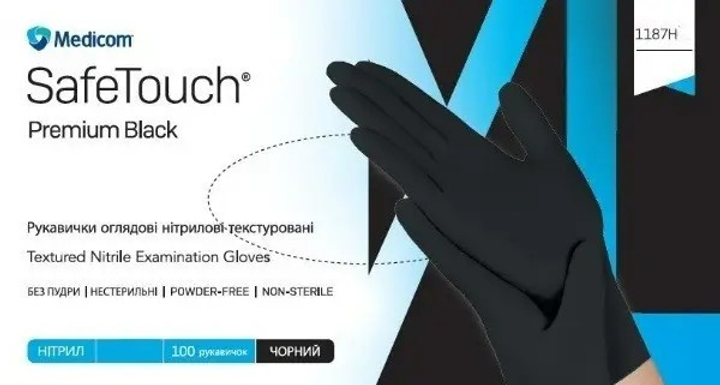 Рукавички нітрилові неопудрені Medicom Safe Touch Premium Black Чорні р.М (100 шт) - зображення 1
