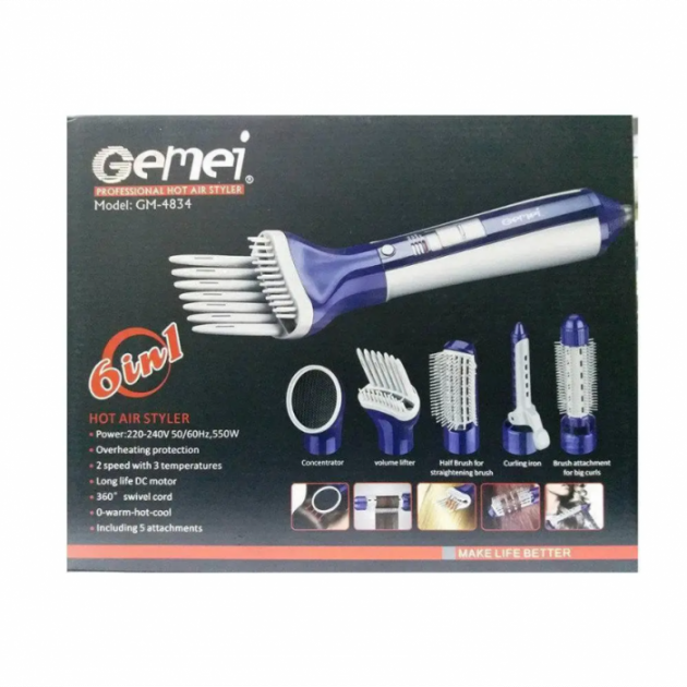 Фен-щетка профессиональная с насадками Gemei GM-4834 6в1 - зображення 3