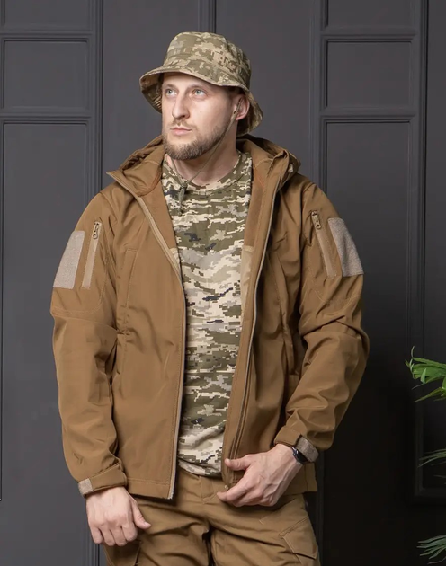 Мужская куртка Softshell койот с капюшоном и липучками под шевроны водонепроницаемая 2XL - изображение 2